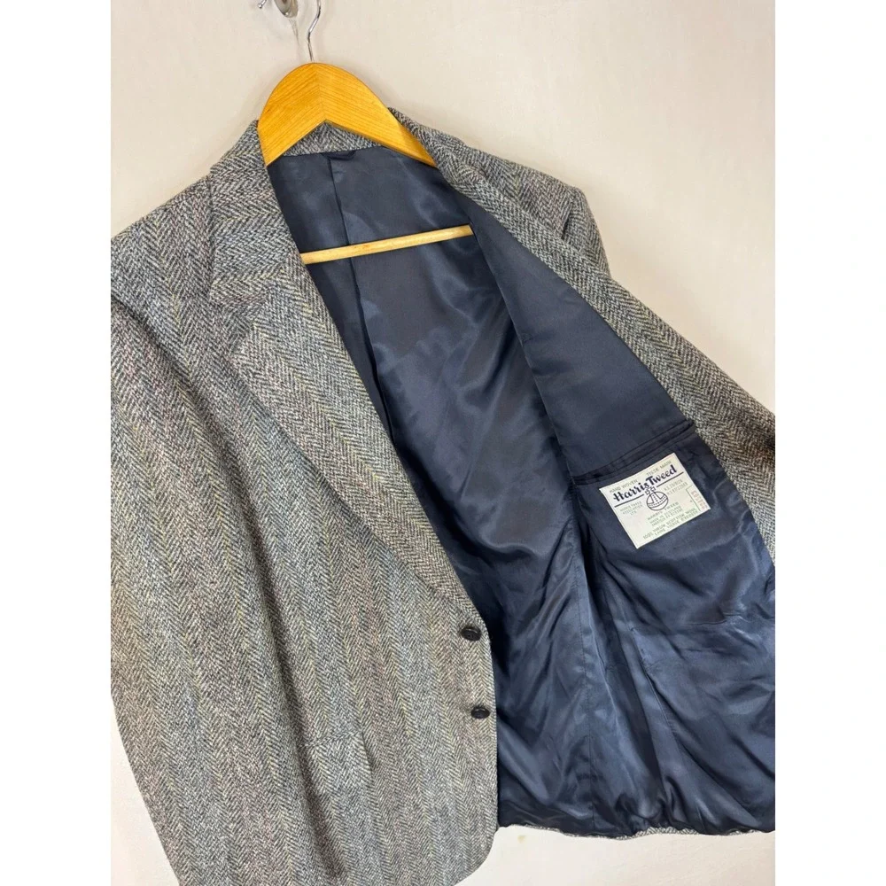 Harris Tweed The Bay Mens Grey Herringbone Wool Blazer Sport Coat 42R Vintage